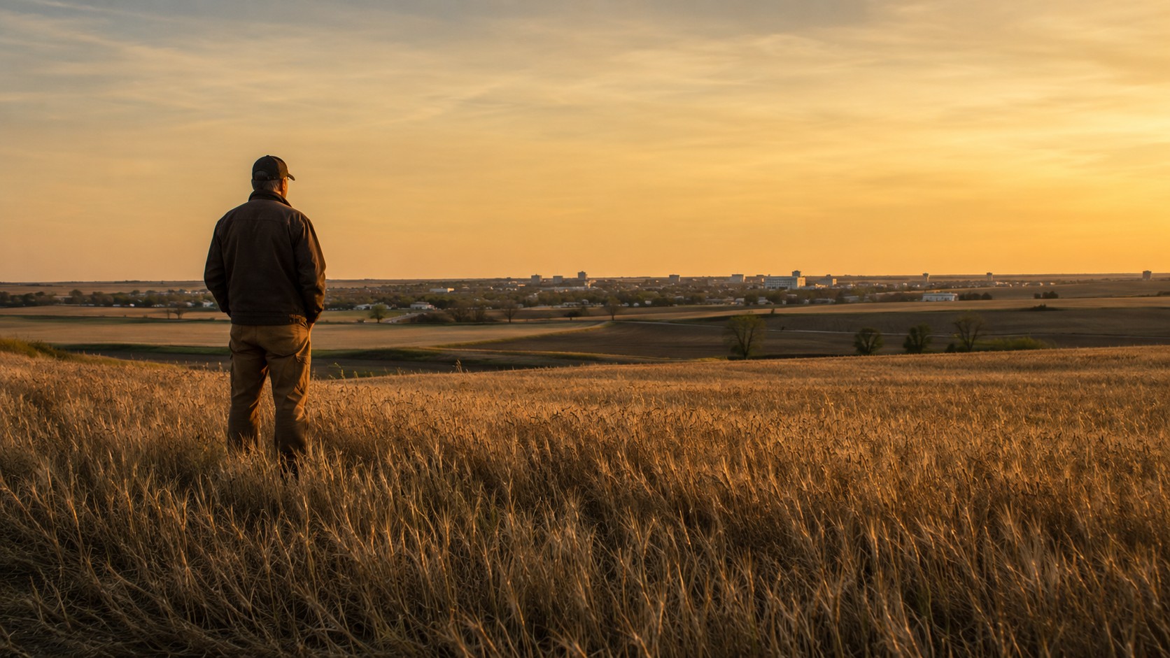 A worker stands in a Kansas wheat field at golden hour looking toward the Manhattan city skyline on the horizon.