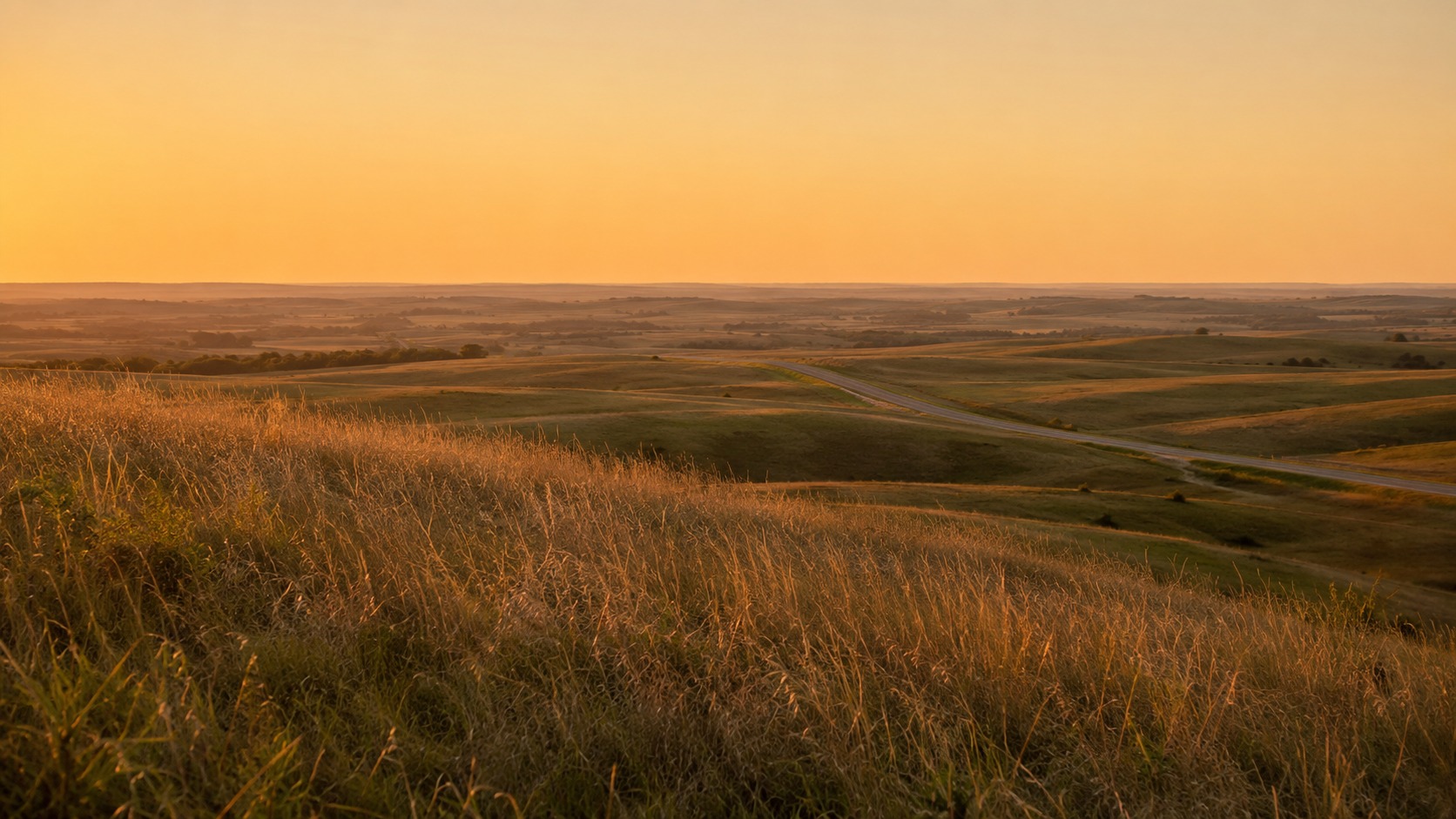Flint Hills prairie near Emporia, Kansas at golden hour