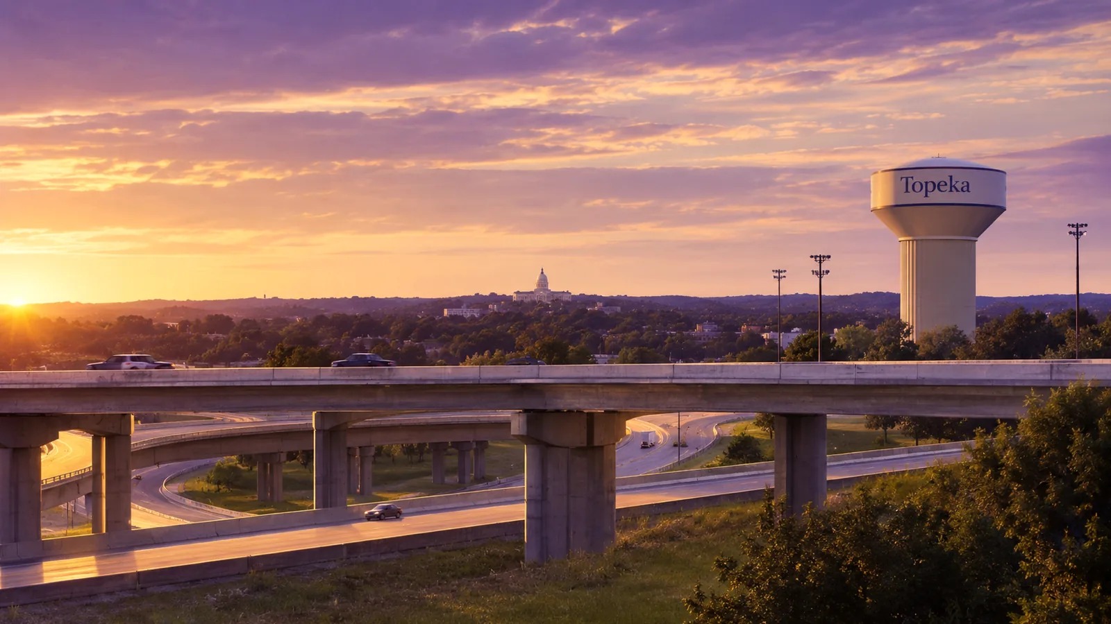 Stylized Topeka interchange with a distant State Capitol and water tower in deep purple and warm cream tones.